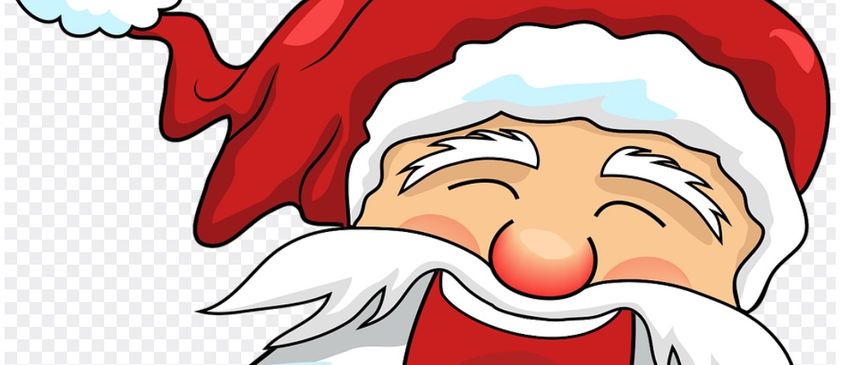 Eine Cartoon-Abbildung von Santa Claus, der lacht und seinen Mund weit geöffnet hat, trägt einen roten Hut und einen weißen Bart.