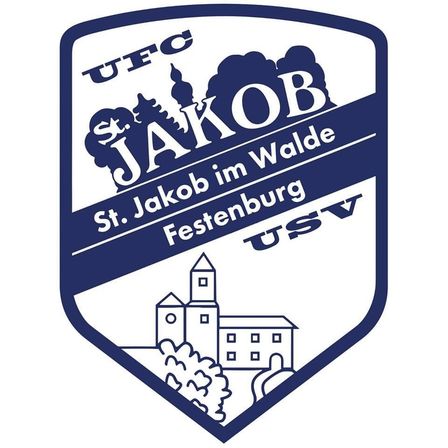 Das blau-weiße Logo des St. Jakob im Walde Fußballvereins. Es zeigt ein Gebäude, Bäume und den Namen des Vereins.