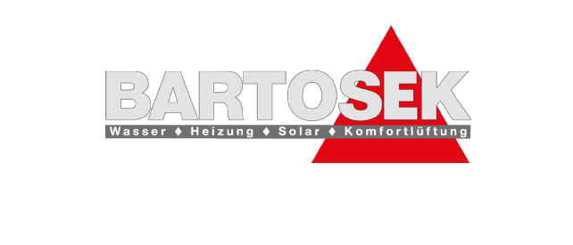 Das Bartoszek-Logo zeigt ein rotes Dreieck mit dem Text 'Bartosek' in Weiß, darunter stehen die Wörter 'Wasser, Heizung, Solar, Komfortlösung'.