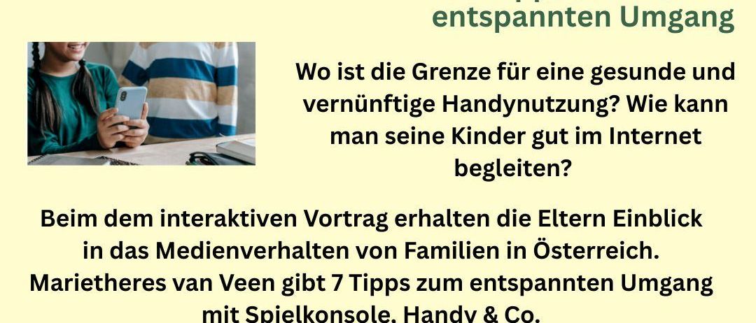 Plakat mit Bild eines Kindes und Erwachsenen, das einen Vortrag über gesunde Mediennutzung anbietet. Datum: 19.11.2025 um 18:00. Ort: ELKIZ Behamberg. Kosten: 5€. Kontakt: 0677/63089336.