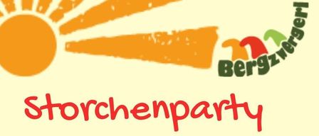 Einladungsposter für eine Storchenparty mit einem Storch, der einen Korb mit einem Baby trägt, für den 10. Januar 2026 um 15:00 Uhr. Die Veranstaltung ist für Babys, die 2025 geboren wurden, und ihre Eltern.