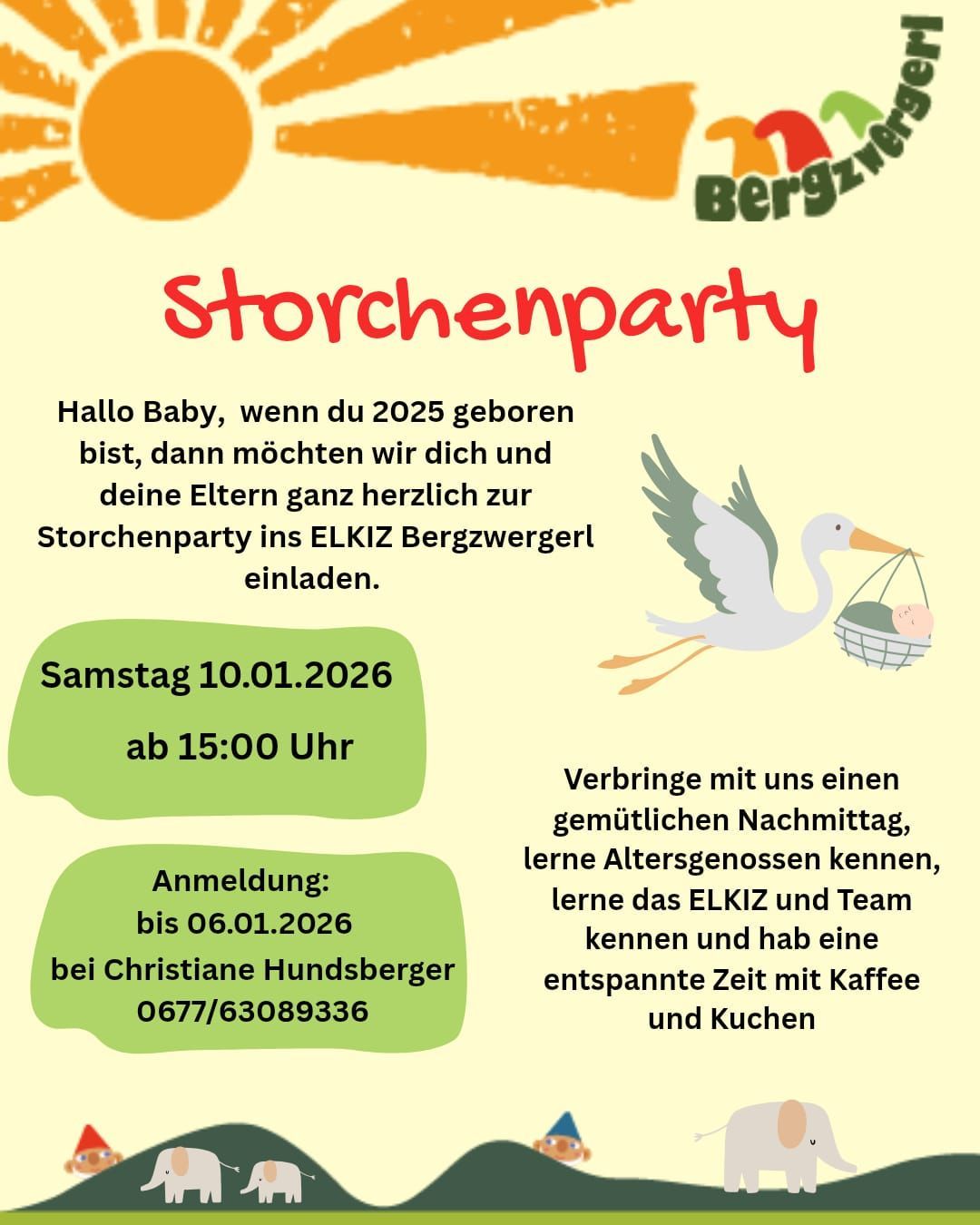 Einladung zur Storchenparty für Babys, die 2025 geboren werden. Samstag, 10.01.2026 ab 15:00 Uhr. Veranstaltet von Christiane Hundsberger. Anmeldung bis 06.01.2026.