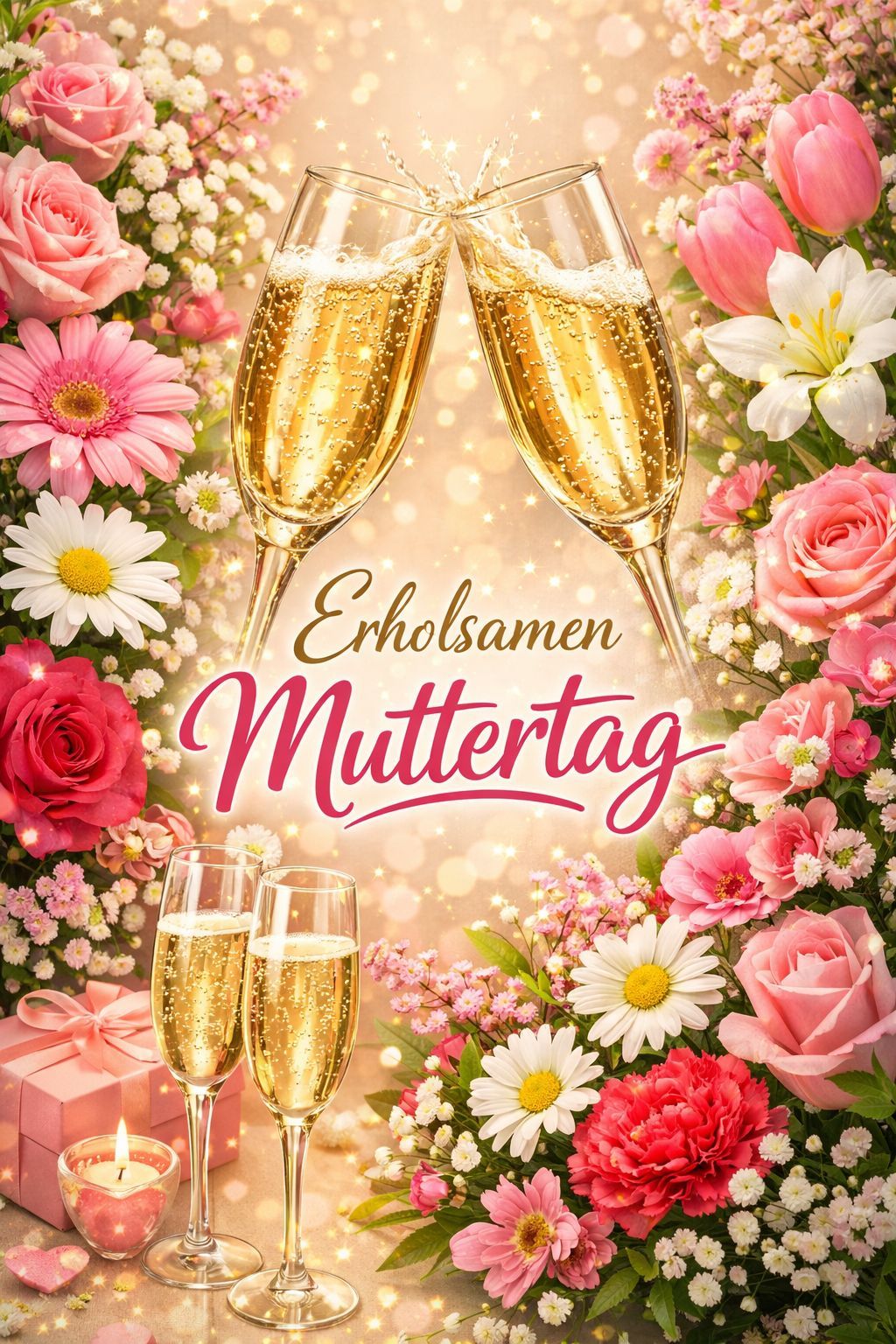 Two champagne glasses with bubbles are surrounded by pink flowers. The text reads 'Erholsamen Muttertag' on a pink background.