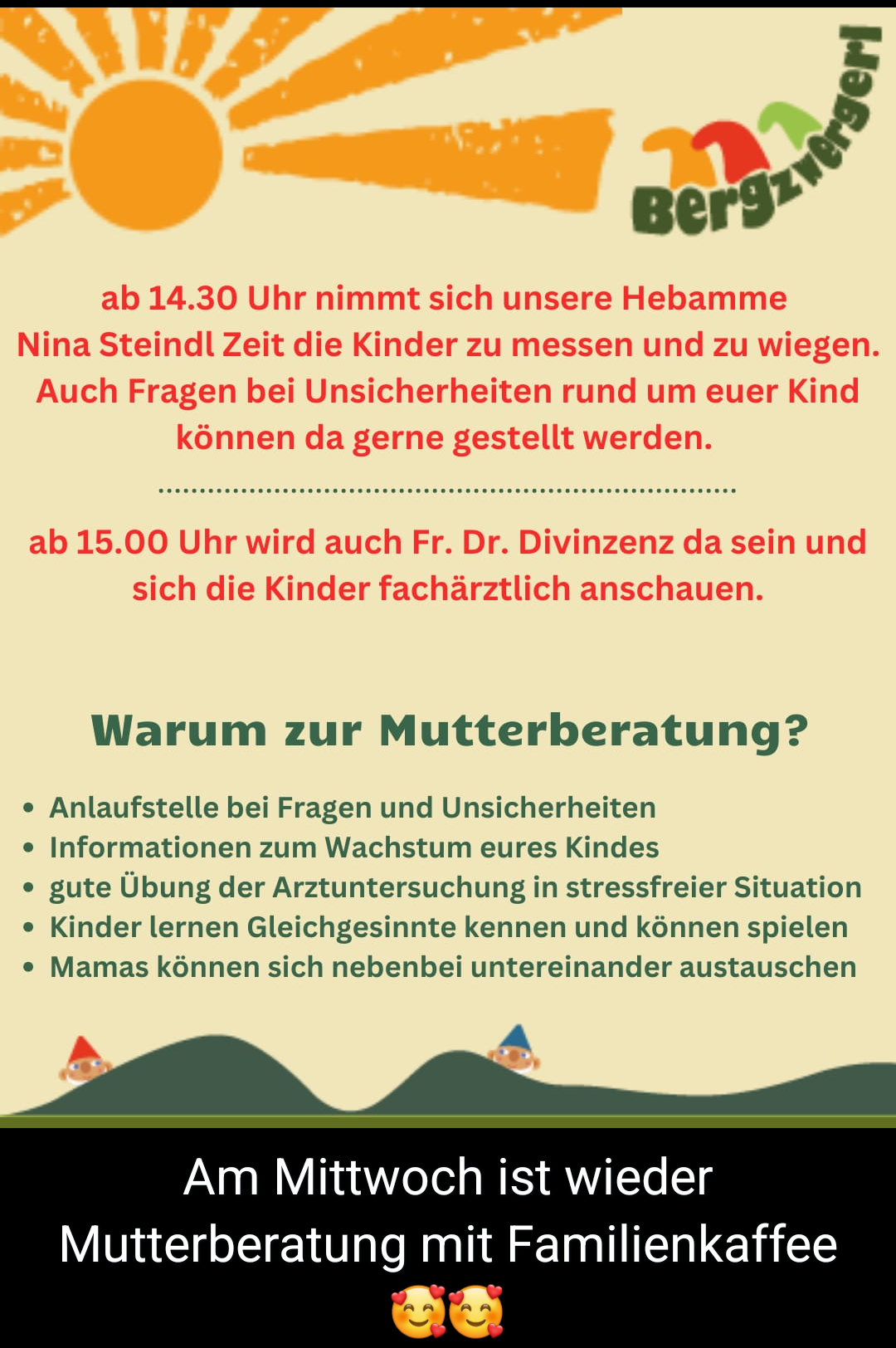 A poster shows two sessions for mothers and children. From 2:30 PM, a midwife will measure and weigh the children. Questions about your child can also be asked. At 3:00 PM, Dr. Divinzens will also be there to examine the children.