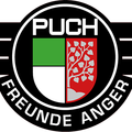 Ein rundes Logo mit 'PUCHI' oben, das einen Schild zeigt, der in grüne, weiße und rote Abschnitte unterteilt ist, mit einem Baumdesign im roten Bereich, vor schwarzem Hintergrund.