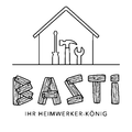 Eine Skizze eines Hauses mit dem Namen Basti, mit einem Hammer, einer Schraube und einem Schraubenschlüssel davor. Es steht 'Ihr Heimwerker-Konig'.