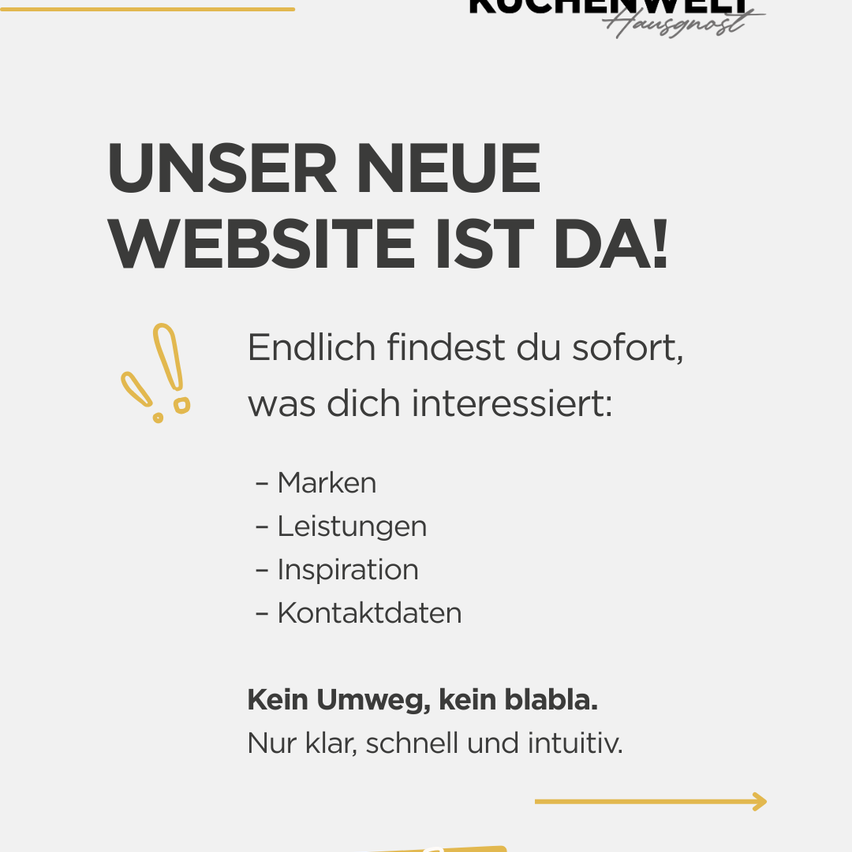 Das Bild bewirbt eine neue Website und hebt ihre intuitive Gestaltung hervor, schnellen Zugriff auf Marken, Dienstleistungen, Inspiration und Kontaktdaten. Es lädt Benutzer ein, ohne Umwege zu erkunden.