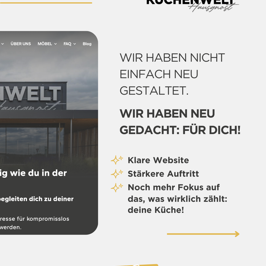 Banner mit einem neu gestalteten Website-Logo. Der Text lautet: 'Wir haben nicht einfach neu gestaltet. Wir haben für dich gedacht!' Darunter sind wichtige Funktionen aufgeführt: Klare Website, Stärkere Herangehensweise, Noch mehr Fokus auf das, was wirklich zählt: deine Küche!