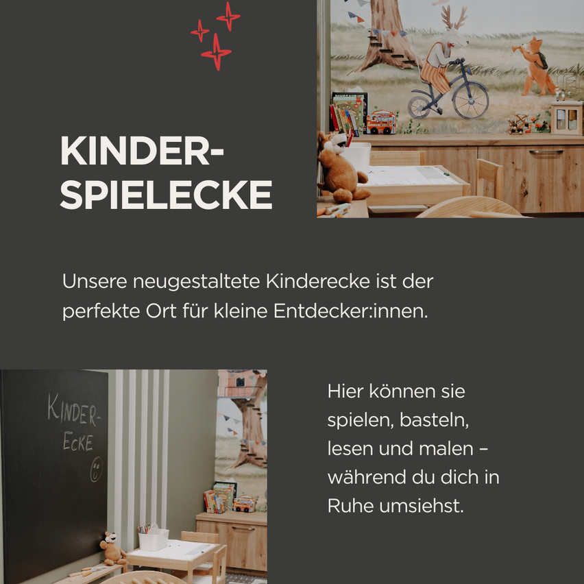 Ein Bild zeigt eine Kinderspielecke mit einer Tafel, einem Schreibtisch und Spielzeug. Der Bildtext lautet 'KINDER-SPIELEcke' und beschreibt sie als den perfekten Ort für kleine Entdecker:innen.