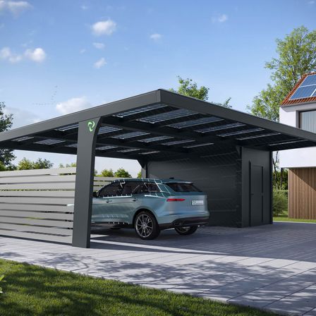 Bild enthält, Garage, Indoors, Electrical Device, Solar Panels, Car, Transportation, Vehicle