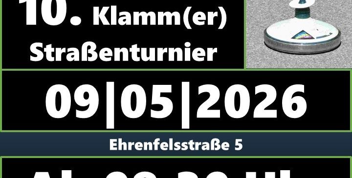 Ein Straßenspiel-Event, 'Klamm(er) StraBenturner', an der Ehrenfelsstraße 5, am 09.05.2026, Beginn um 08:30 Uhr.