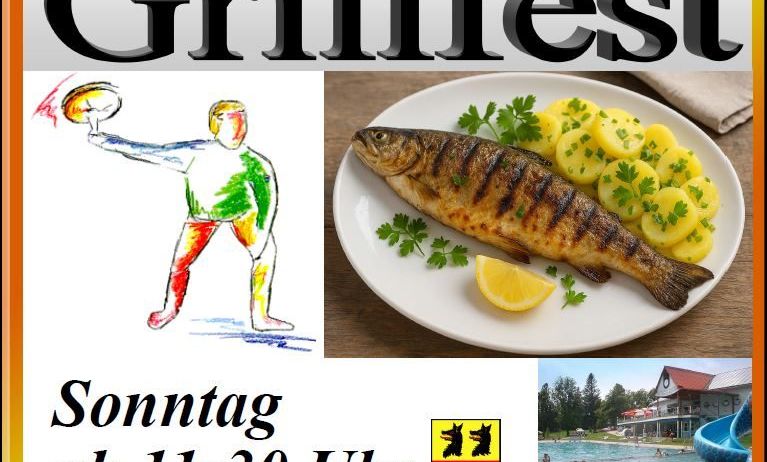 Plakat für das Torchen Grillfest-Event am 2. August mit einer Zeichnung einer Person, die einen Ball wirft, einem Teller mit gegrilltem Fisch mit Zitrone und Kartoffeln und einem Schwimmbad.