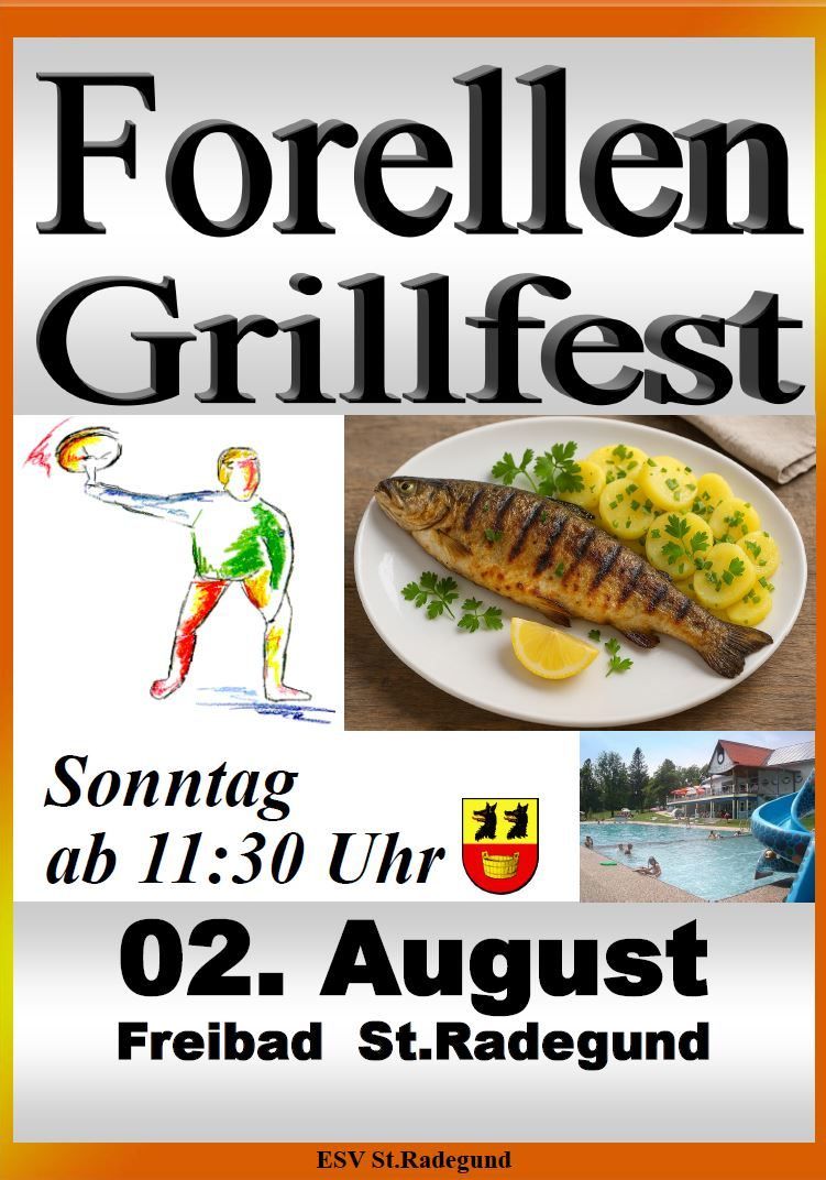 Poster for a German Grillfest event on August 2nd, featuring a grilled fish, a pool, and a logo.
