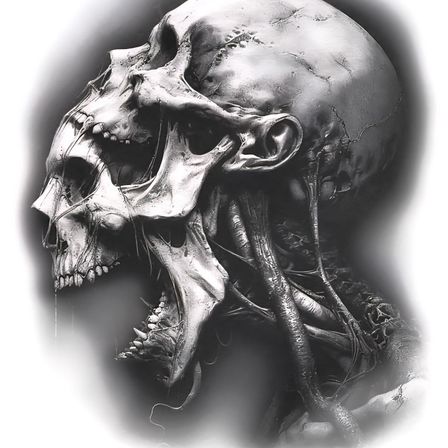 Eine monochrome Zeichnung eines Schädels mit einem grotesken, offenen Mund, der Zähne und Kiefermuskeln zeigt. Er scheint zu schreien, mit exponierten Nerven und Adern.