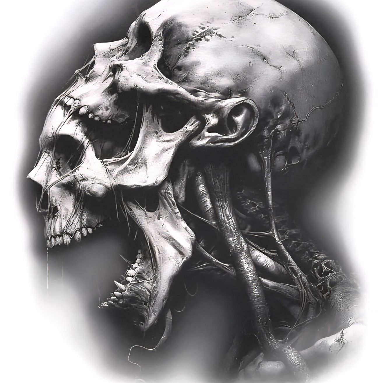 Eine monochrome Zeichnung eines Schädels mit einem grotesken, offenen Mund, der Zähne und Kiefermuskeln zeigt. Er scheint zu schreien, mit exponierten Nerven und Adern.