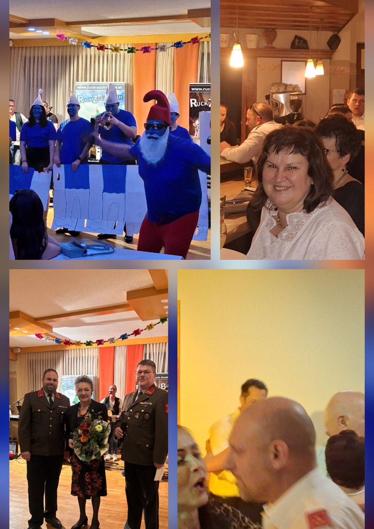 Eine Collage von Fotos, die eine Gruppe mit blauer Gesichtsbemalung, einen Mann in einem Kostüm, eine lächelnde Frau und eine formelle Veranstaltung mit zwei Männern in Militäruniformen und einer Frau mit Blumen zeigt.