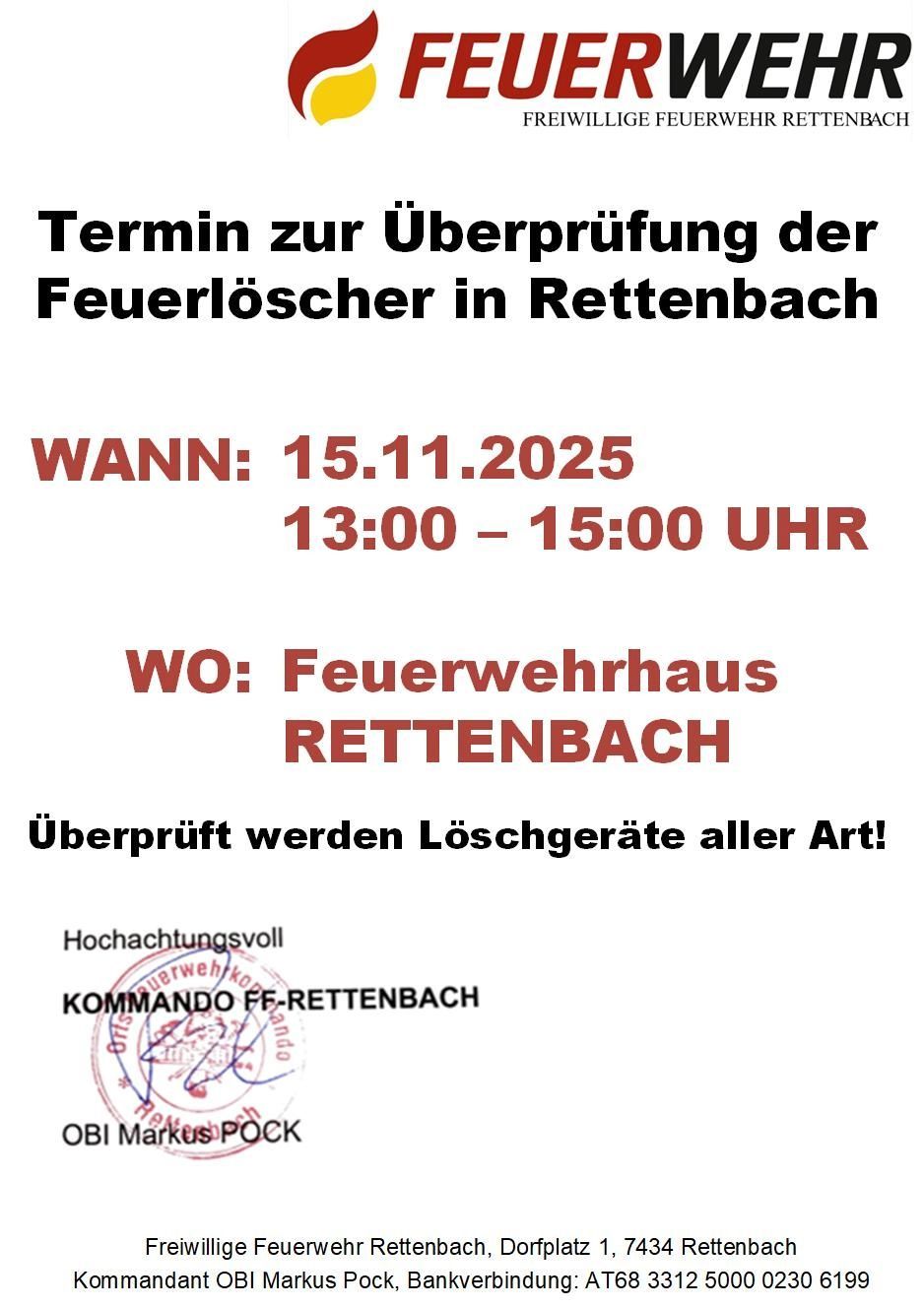 An announcement for the inspection of fire extinguishers in Rettenbach. Date: November 15, 2025, from 13:00 to 15:00 at the Rettenbach Fire Department. All types of extinguishers will be checked.
