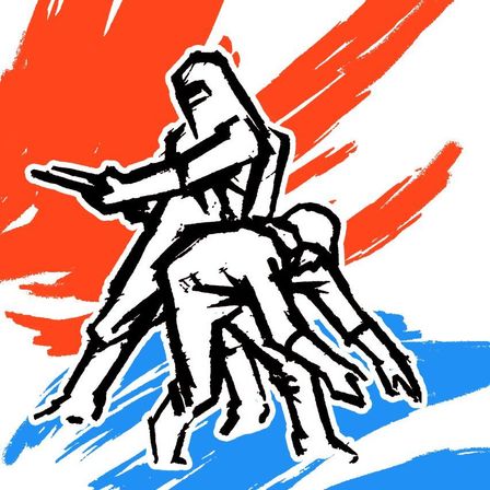 Eine Schwarz-Weiß-Illustration eines Soldaten mit einer Waffe, mit drei anderen Soldaten darunter, alle in Kampfhaltung. Der Hintergrund zeigt rote und blaue Farbspritzer.