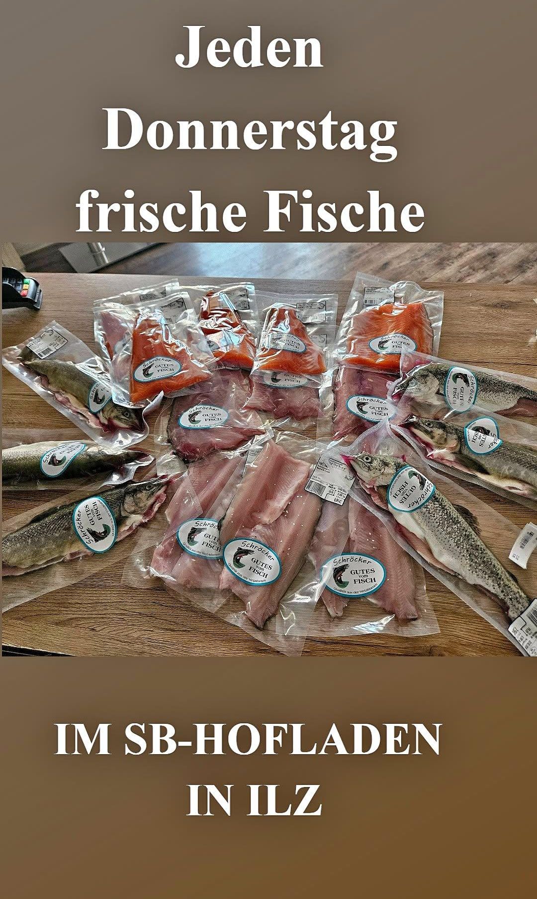 A wooden table displays various types of fish in plastic packaging, labeled with 'frische Fische'. The fish include salmon, trout, and other varieties, all neatly arranged.