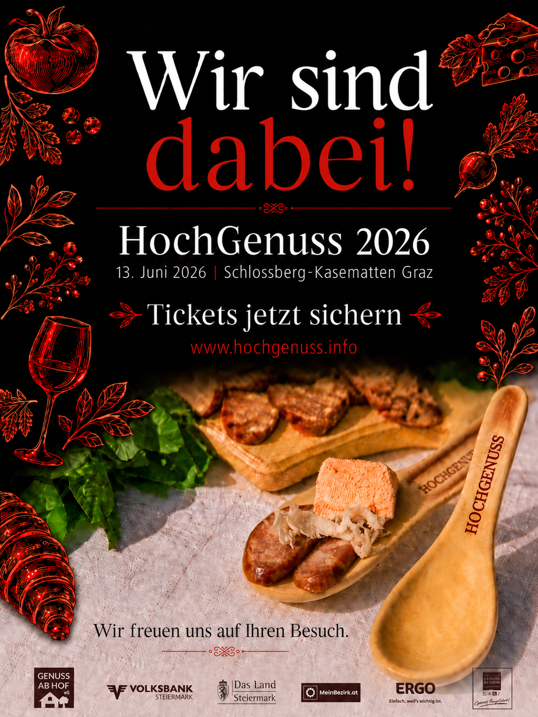 Poster for HochGenuss 2026 event on June 13th, Schlossberg-Kasemattn Graz. Wine glass, food on wooden spoons, and red leaves. Secure tickets at www.hochgenuss.info.
