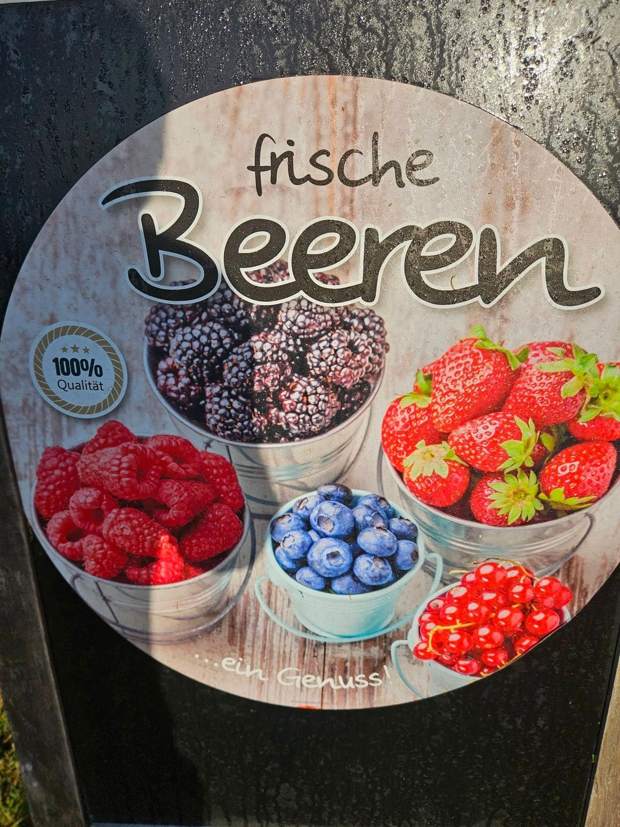A poster shows four buckets filled with berries. It reads 'fresh Berries' in German. The berries include blackberries, strawberries, raspberries, and blueberries. The poster emphasizes 100% quality.