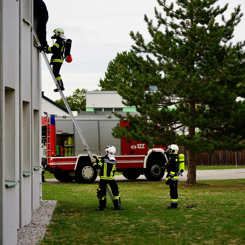 Feuerwehrleute in voller Montur klettern eine Leiter zum Dach eines Gebäudes. Ein Feuerwehrmann hält ein rotes Objekt. Ein Feuerwehrwagen ist im Hintergrund geparkt.