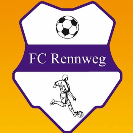Logo von FC Rennweg mit einem stilisierten Fußballspieler, der einen Ball tritt, und einem Fußball über dem Spieler.