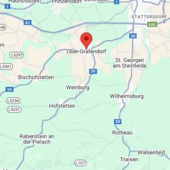 Eine Karte kennzeichnet Ober-Grafendorf mit einem roten Marker. In der Nähe befinden sich St. Georgen am Steinfelde, Weitstetten und Rabenstein an der Pielach.