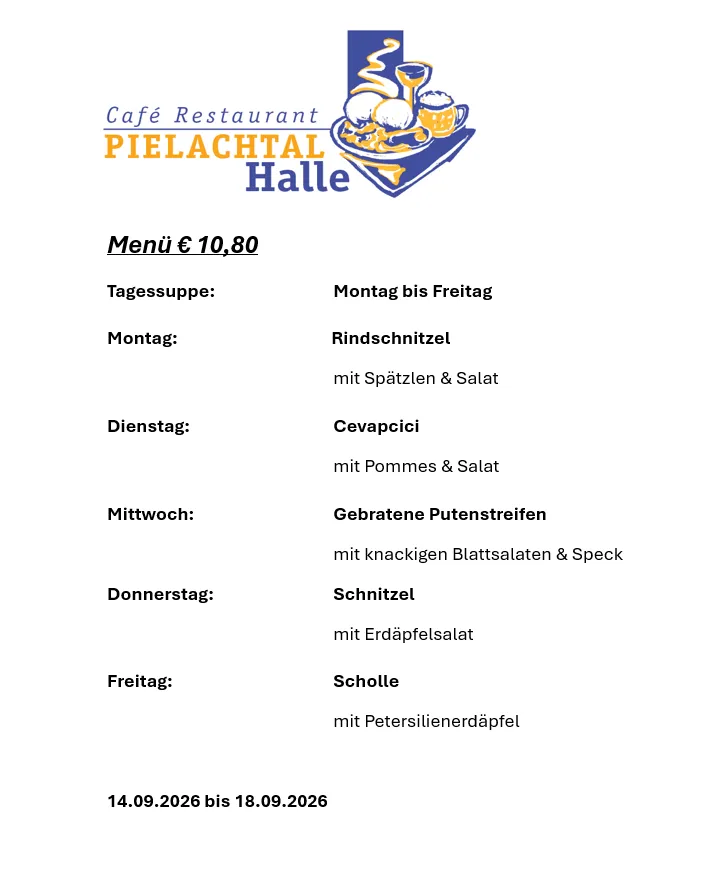 Menü des Café Restaurants Pielachtal Halle vom 14. bis 18. September 2026. Tägliche Mahlzeiten bestehen aus Rindfleisch, Hähnchen und Gemüsegerichten.