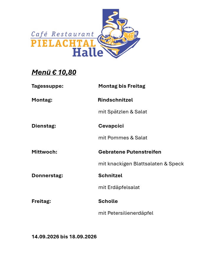 Menü des Café Restaurants Pielachtal Halle vom 14. bis 18. September 2026. Tägliche Mahlzeiten bestehen aus Rindfleisch, Hähnchen und Gemüsegerichten.