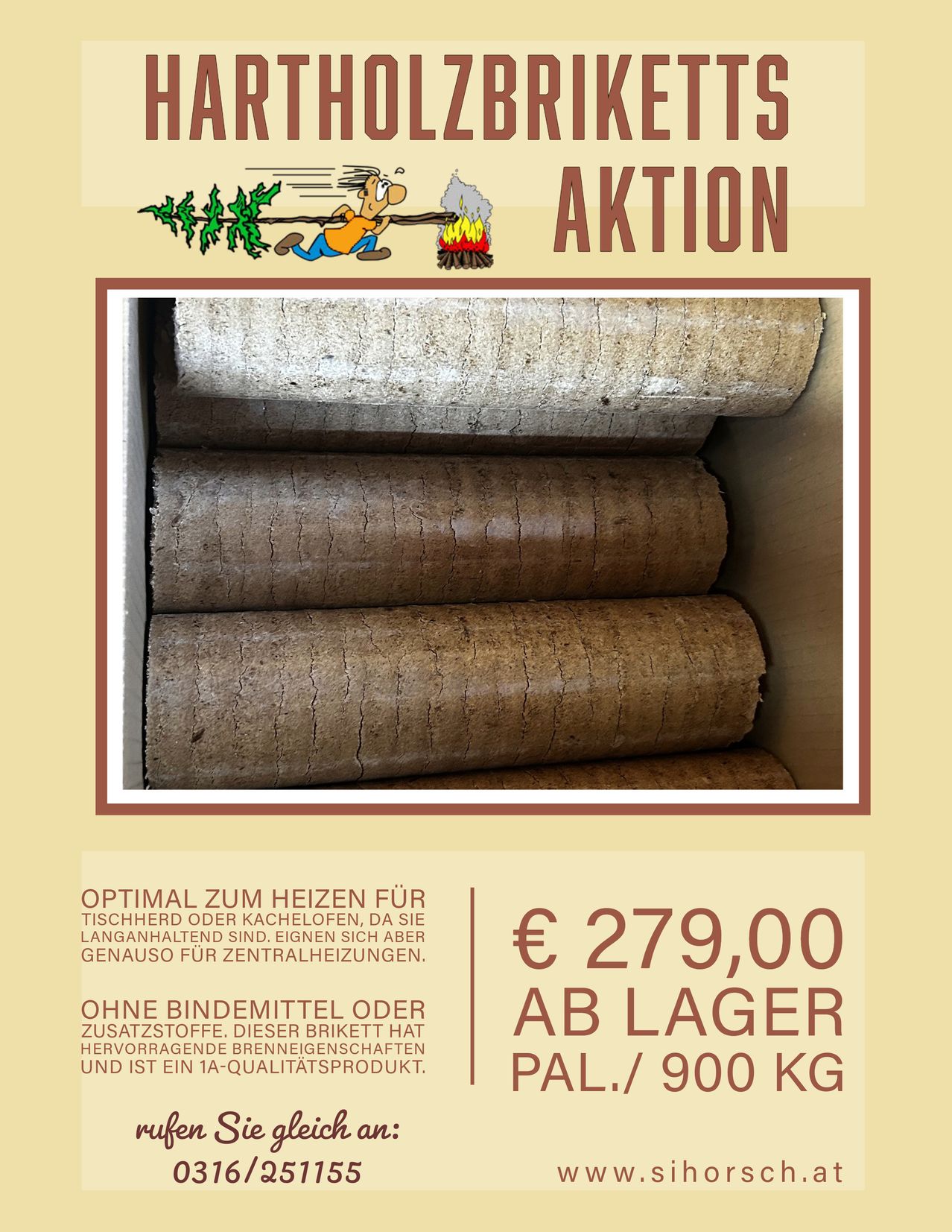 Werbeanzeige für ein Produkt. Das Produkt scheint Holzscheite zu sein, die in einem Karton gestapelt sind. Die Anzeige enthält den Preis von 279,00 Euro und das Produkt ist in einer Palette von 900 kg erhältlich.