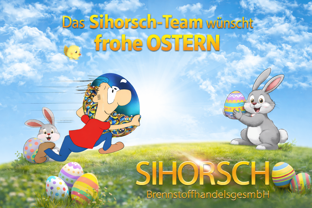 Ein Oster-Thema-Bild mit Sihorschs Team, einem Jungen mit einem bunten Ei und einem Hasen mit einem bunten Ei. Der Himmel ist blau mit weißen Wolken, und der Hintergrund hat ein saftiges Feld.