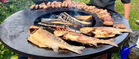 Two chefs, one on each side of a grill, pose with a variety of grilled meats and fish, surrounded by plants and trees.