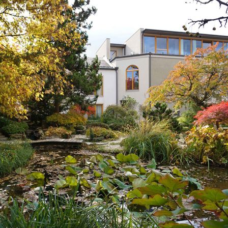 Ein großes modernes Haus mit Glasfenstern steht inmitten eines gepflegten Gartens, umgeben von Bäumen und einem Teich mit Seerosen.