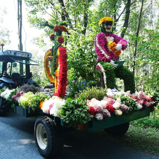 Ein Traktor mit einem mit Blumen dekorierten Anhänger und zwei Figuren, möglicherweise für einen Umzug, in einem Wald.