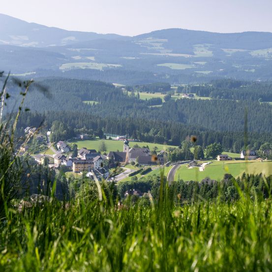 Luftaufnahme eines Dorfes umgeben von üppigen grünen Wäldern und Hügeln unter klarem Himmel.