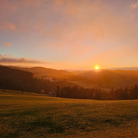 Sonnenuntergang über einer hügeligen Landschaft mit einem weiten Feld und dichtem Wald im Hintergrund. Der Himmel ist mit warmen Farben gefüllt.