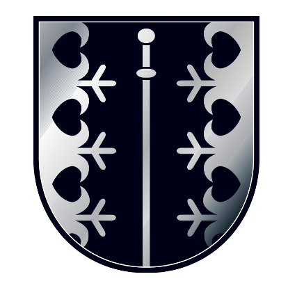 Ein schwarz-silberner Schild mit einem Schwert in der Mitte und Schneeflocken darum herum.