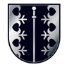 Ein schwarz-silberner Schild mit einem Schwert in der Mitte und Schneeflocken darum herum.