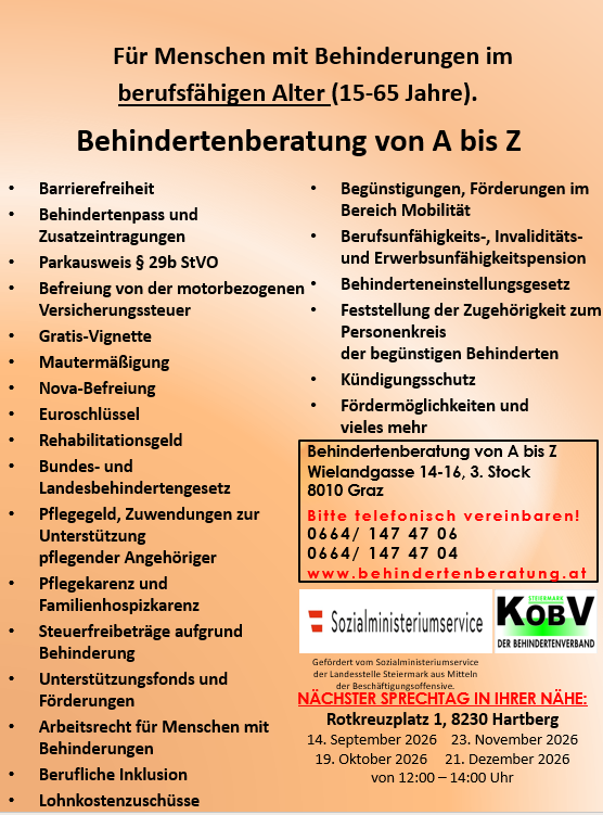 Poster advertising disability counseling services for individuals aged 15-65, detailing benefits such as barrier-free access, disability pass, and various support programs. It also includes contact information and upcoming consultation dates.