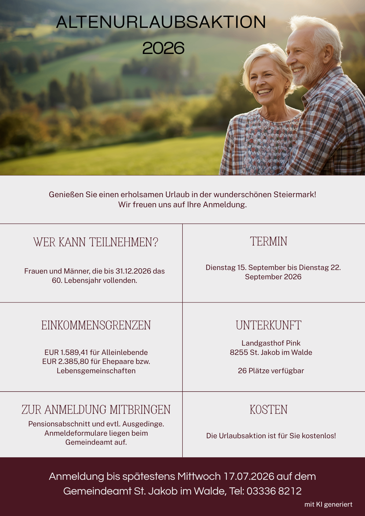Einladende Einladung zu einem erholsamen Urlaub in der wunderschönen Steiermark! Wir freuen uns auf Ihre Anmeldung. Teilnehmer: Frauen und Männer bis 60 Jahre. Termine: Dienstag 15. September bis Dienstag 22. September 2026. Ort: Landgasthof Pink, 8255 St. Jakob im Walde. Unterkünfte: 26 Plätze verfügbar. Mitzubringen: Pensionsbeitrag und ggf. Ausweise. Anmeldung: Formulare vor Ort. Kosten: Kostenlos.