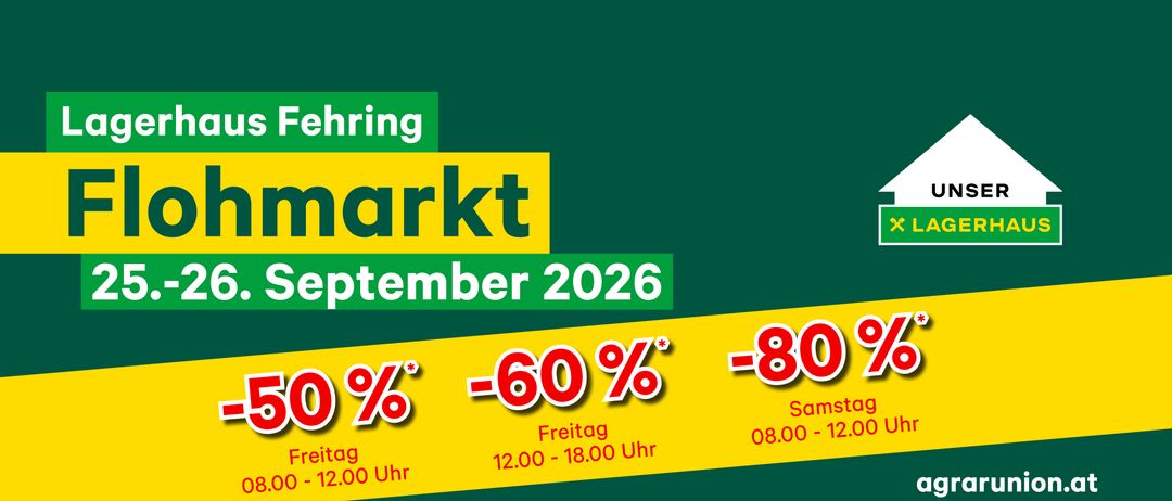 Werbeanzeige für eine Marktveranstaltung im September 2026 mit Rabatten bis zu 80% auf verschiedene Artikel. Die Veranstaltung ist für Freitag und Samstag von 08:00 bis 18:00 Uhr geplant.