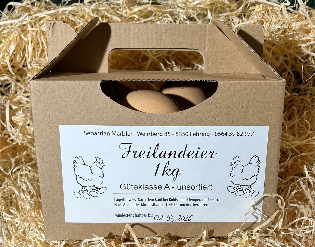 Open cardboard box with Freilandier eggs, unsorted, from Sebastian Marbler, with a minimum shelf life of 01.03.2016.