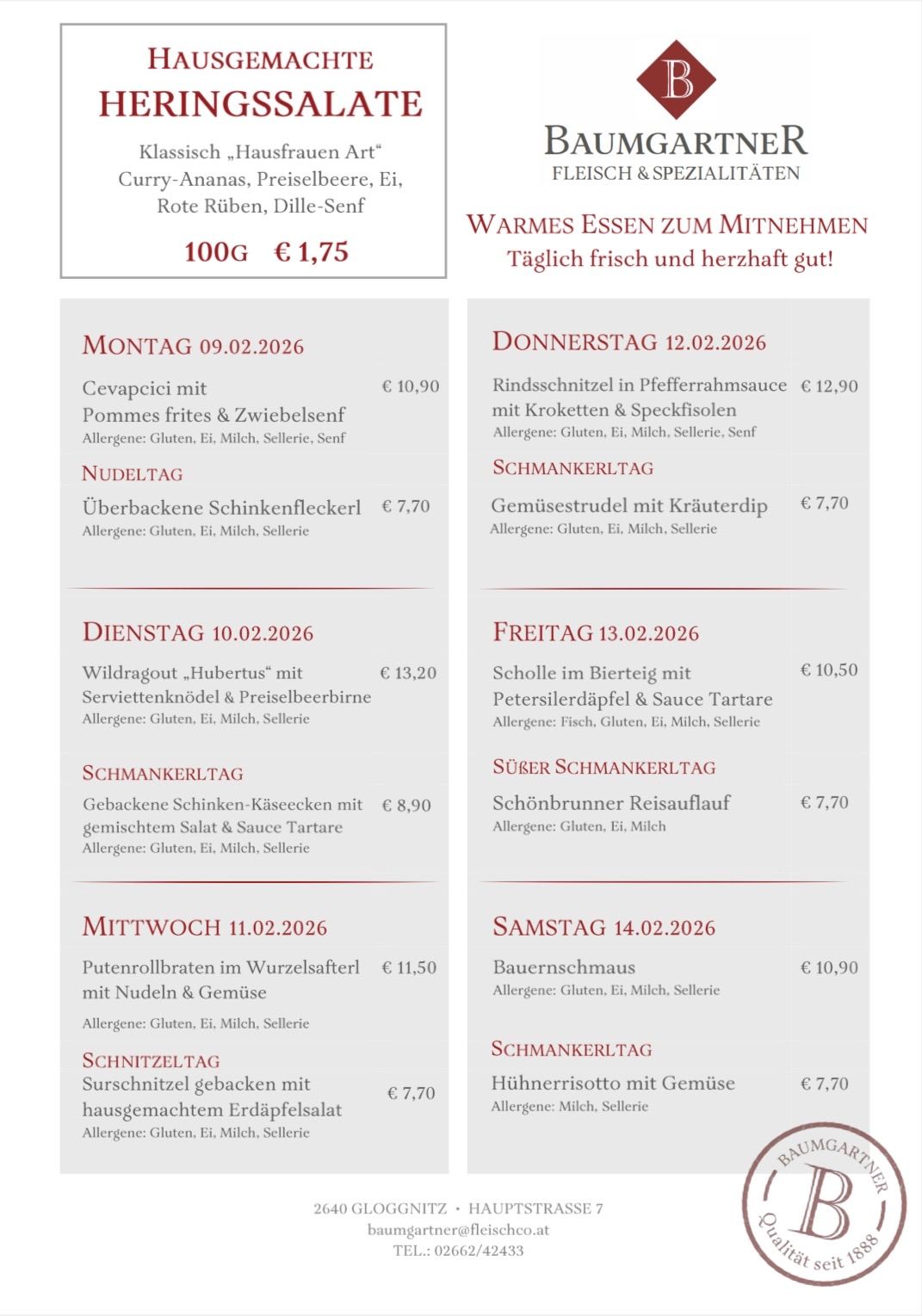 Wöchentliche Speisekarte mit Allergeninformationen. Es enthält Gerichte wie Cevapcci mit Pommes frites, Wildragout 'Hubertus' und Putenrollbraten. Allergene umfassen Gluten, Milch und Sellerie. Die Speisekarte ist gültig vom 9. Februar 2026 bis 14. Februar 2026.
