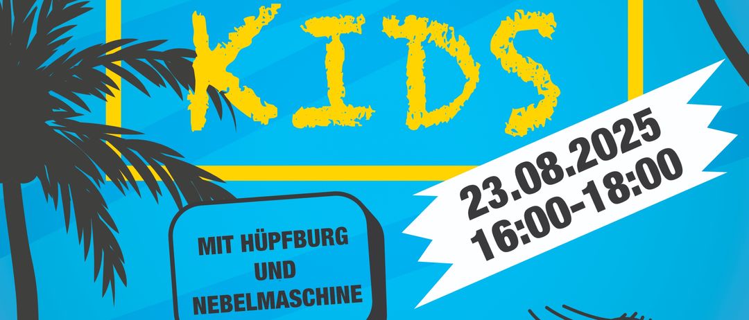 Plakat für Ibiza Party Kids Veranstaltung am 23. August 2025 mit Kindern, Palmen und Aktivitäten.