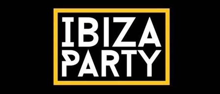 Ein schwarzer Hintergrund zeigt das gelbe und weiße Logo für Ibiza Party. Das Logo hat ein gelbes Quadrat mit schwarzem Rand und weißen Text, der 'IBIZA PARTY' lautet.