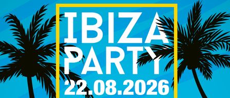 Ein Poster für die Ibiza Party am 22. August 2026 im St. Nikolai/Dr. Veranstaltungsort. Das Poster zeigt einen blauen Hintergrund mit Palmblättern und einem gelben Rand.