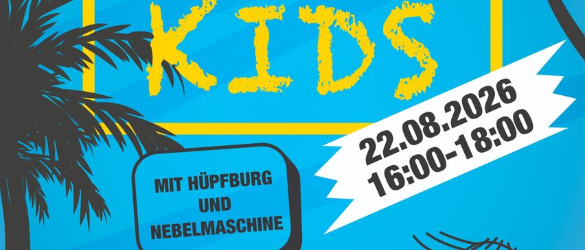 Ibiza Party Kids-Event mit blauem und gelbem Hintergrund, Palmen und Kindern. Der Termin ist der 22. August 2026 von 16:00 bis 18:00 Uhr. Aktivitäten umfassen eine Hüpfburg und eine Nebelmaschine.