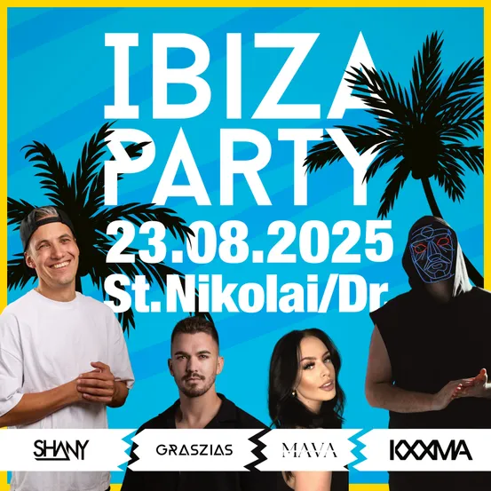 Plakat für die Ibiza Party am 23. August 2025 mit vier Personen, zwei Männern und zwei Frauen, die lächelnd vor einem blauen Hintergrund mit Palmen posieren.