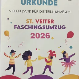 Plakat für die St. Veiter Faschingsumzug 2026 Veranstaltung mit farbenfrohen Illustrationen von tanzenden Kindern, Luftballons und Sternen. Das Plakat dankt den Teilnehmern für ihre Teilnahme.